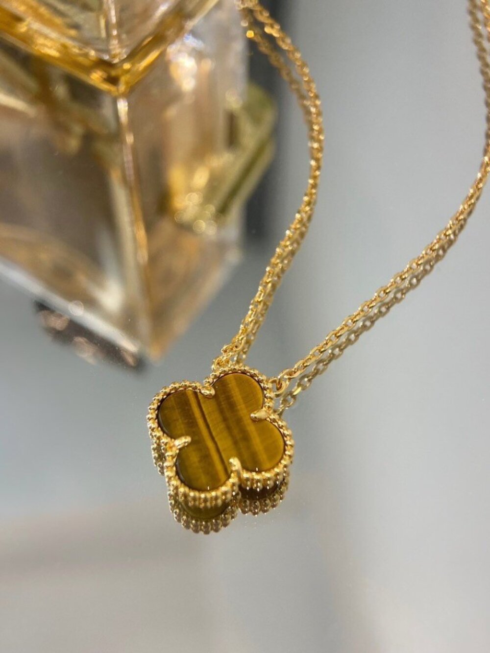Van Cleef & Arpels Gold Tiger Eye AlhambraClover Necklace